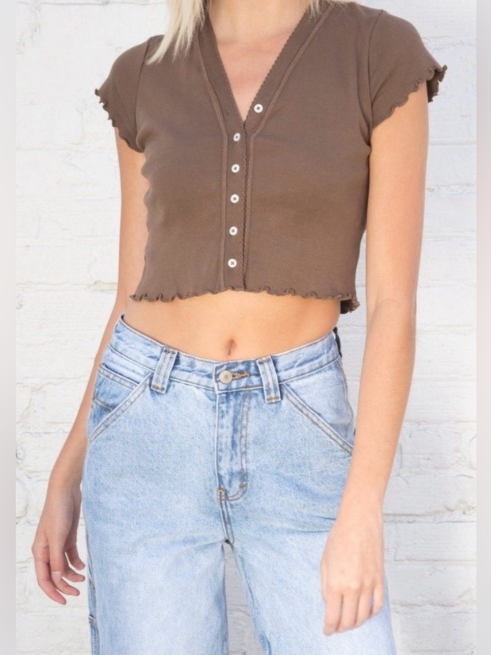 Brandy Melville Paige ruffle crop short sleeve shirt brown one size